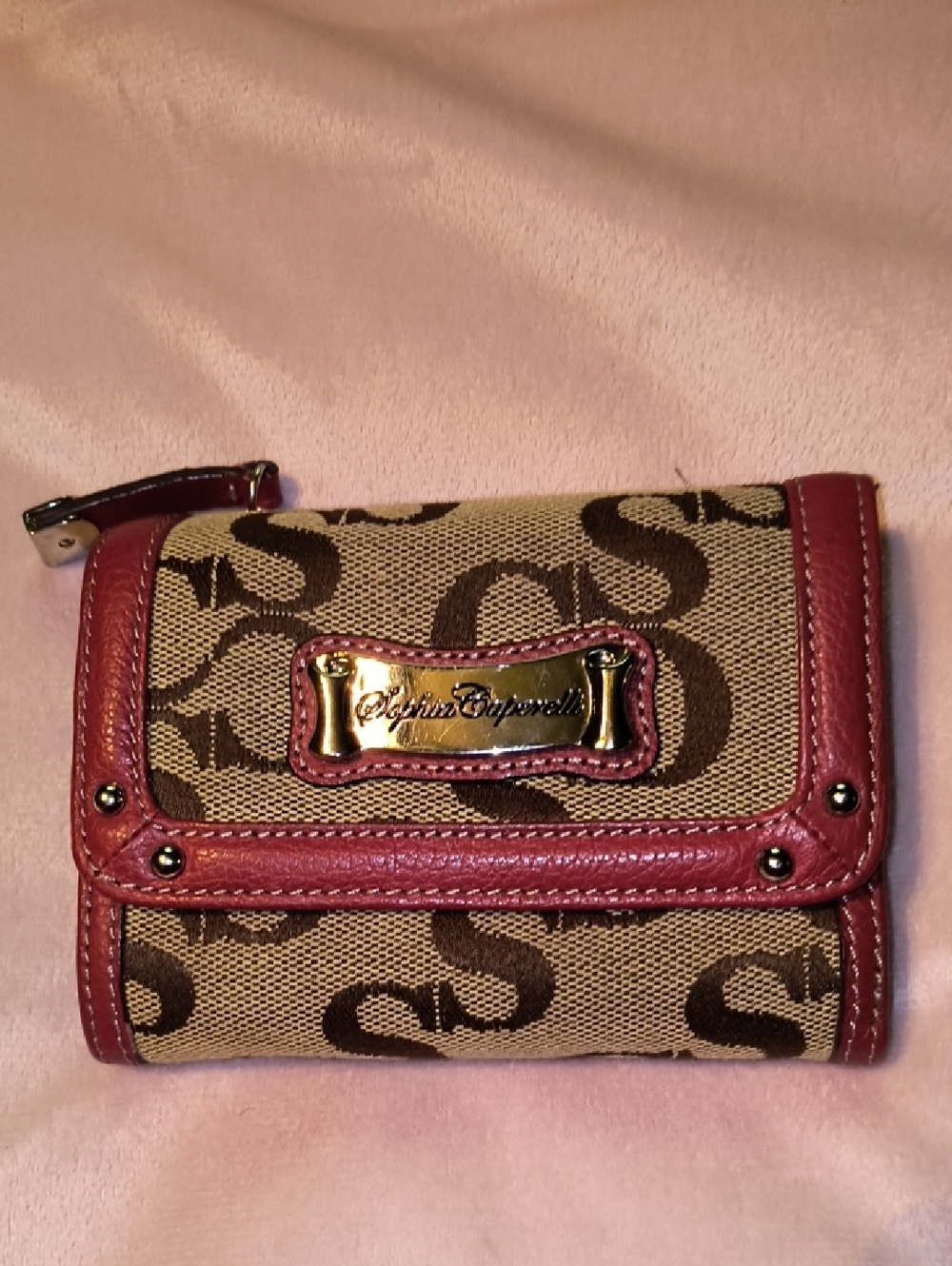 Sophia Caperelli Brown Monogram Canvas Wallet with Red Trim and Gold Plaque